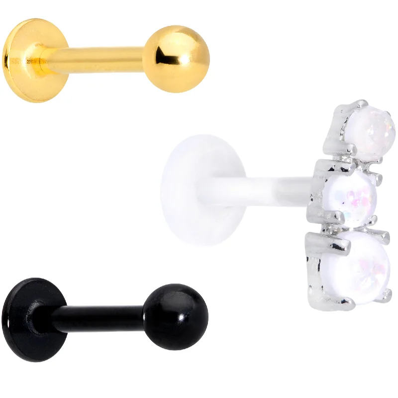 Trendy Lip Rings for Statement Fashion16 Gauge 5/16 White Faux Opal Bioplast Gold Tone Labret Set of 3