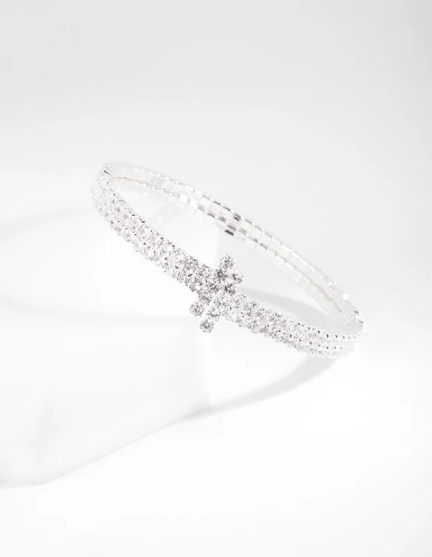 Elegant Simple Bangles for Women-Silver Cubic Zirconia Row T Cuff Bracelet