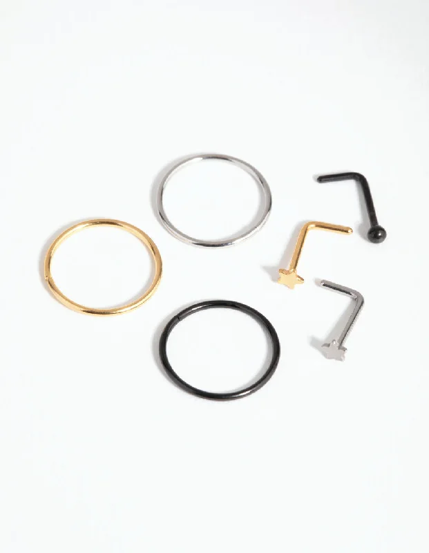 Nose Rings for Special Events -Surgical Steel Ball Star Nose Ring & Stud 6-Pack