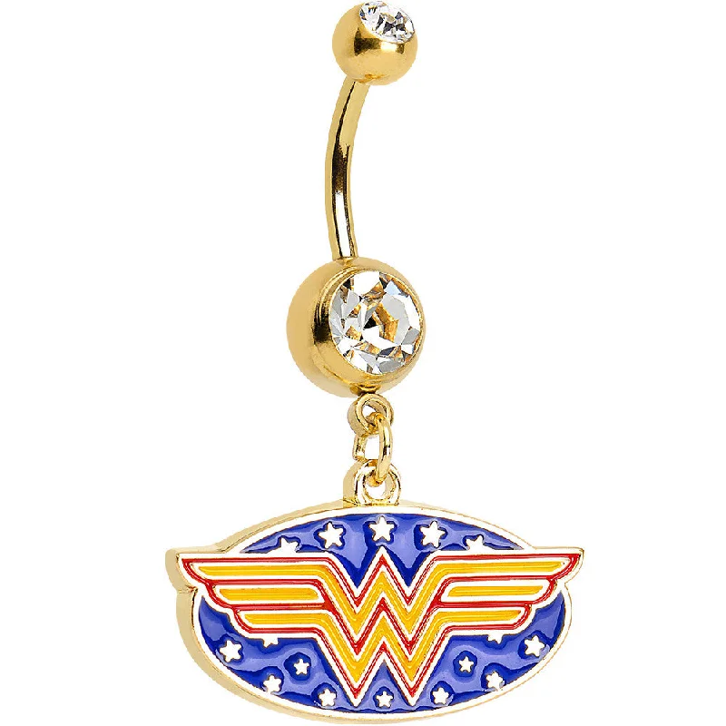 Designer Belly Rings for Elegant Style -Clear Gem Gold Plated Licensed Wonder Woman Logo Dangle Belly Ring Designer Belly Rings for Elegant Style -Clear Gem Gold Plated Licensed Wonder Woman Logo Dangle Belly Ring