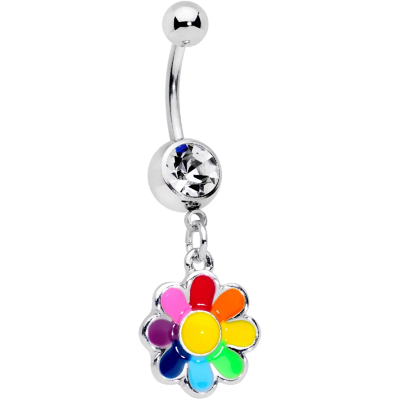 Comfortable Belly Rings with Elegant Finish -Clear Gem Rainbow Hippie Flower Dangle Belly Ring Comfortable Belly Rings with Elegant Finish -Clear Gem Rainbow Hippie Flower Dangle Belly Ring