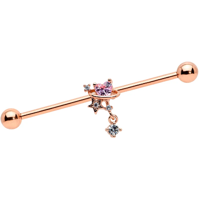 Women's Earrings – Elegant Designs for Every Personality--14 Gauge Pink Gem Rose Gold Tone Star Dangle Industrial Barbell 38mm