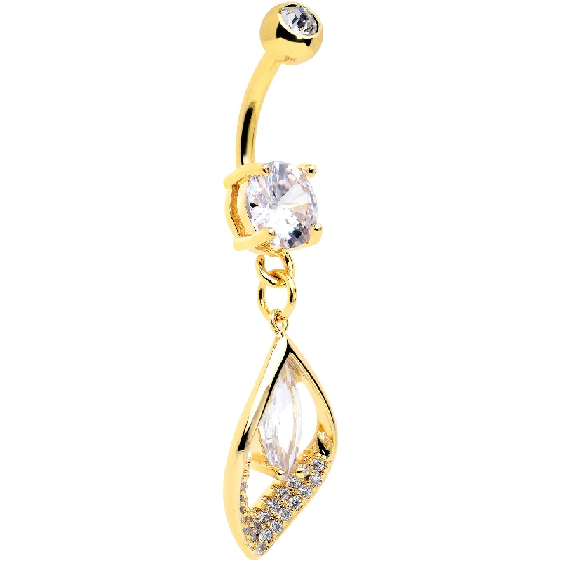 Comfortable Belly Rings for Trendy Fashion -Clear CZ Gem Gold Tone Lush Leaf Dangle Belly Ring Comfortable Belly Rings for Trendy Fashion -Clear CZ Gem Gold Tone Lush Leaf Dangle Belly Ring