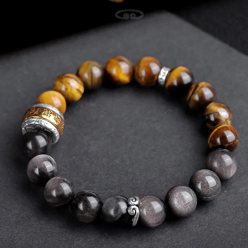 Sleek Bracelets for Men-Buddha Stones Natural Silver Sheen Obsidian Tiger's Eye Six True Words 'Om Mani Padme Hum' Strength Bracelet Sleek Bracelets for Men-Buddha Stones Natural Silver Sheen Obsidian Tiger's Eye Six True Words 'Om Mani Padme Hum' Strength Bracelet