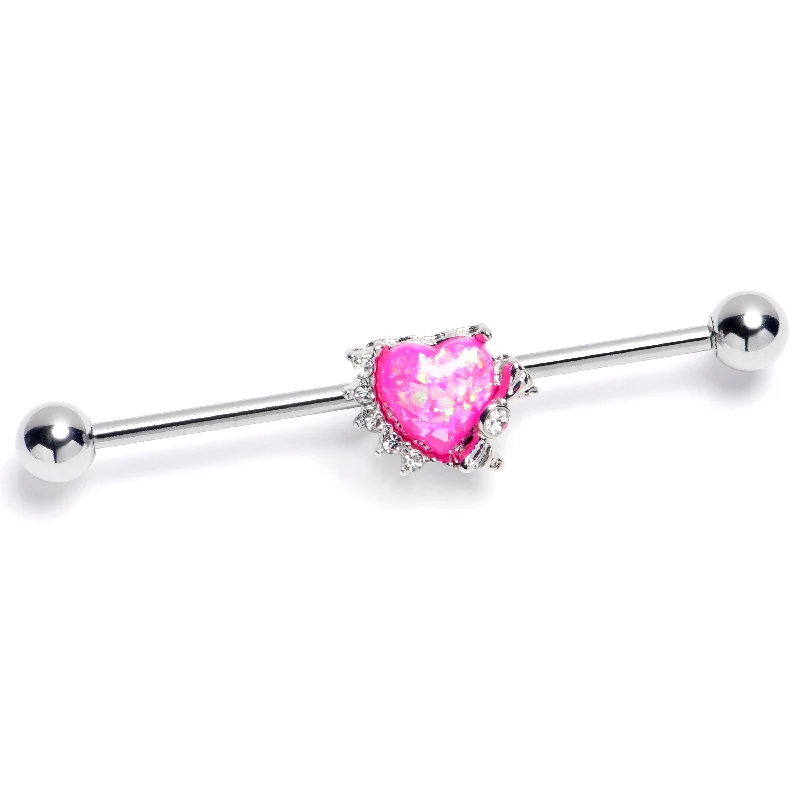Women's Earrings – Elegant Designs for Every Personality--14 Gauge Pink Faux Opal Sunny Heart Industrial Barbell 38mm