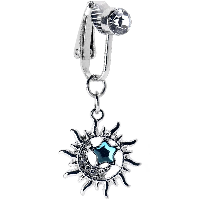 Belly Rings with Vibrant Gems for Bold Style -Clear Blue CZ Gem Sun Moon Star Dangle Clip on Fake Belly Ring Belly Rings with Vibrant Gems for Bold Style -Clear Blue CZ Gem Sun Moon Star Dangle Clip on Fake Belly Ring