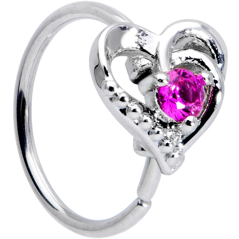 Nose Rings for Weddings -20 Gauge 5/16 Pink Gem Swirling Heart Valentine Nose Hoop