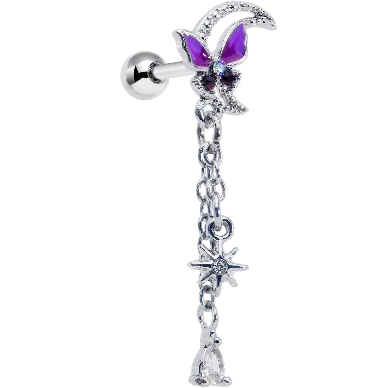 Women's Earrings – Elegant Designs for Every Personality--16 Gauge 1/4 Clear Gem Butterfly Purple Beauty Dangle Cartilage Earring