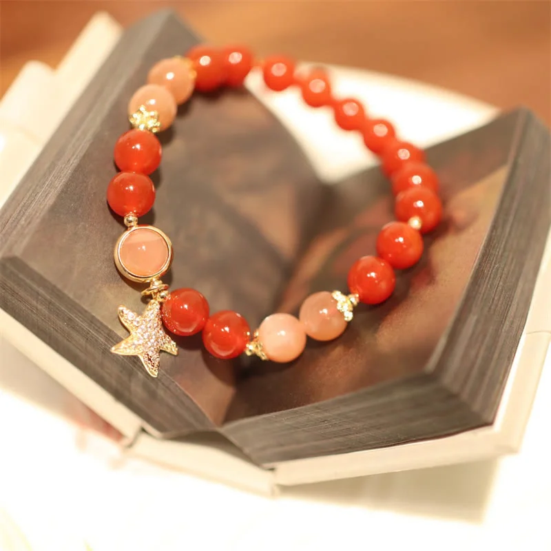 Women's Bangles with Gold Accents-Buddha Stones Sun Stone Peach Moonstone Red Agate Crystal Star Wealth Bracelet