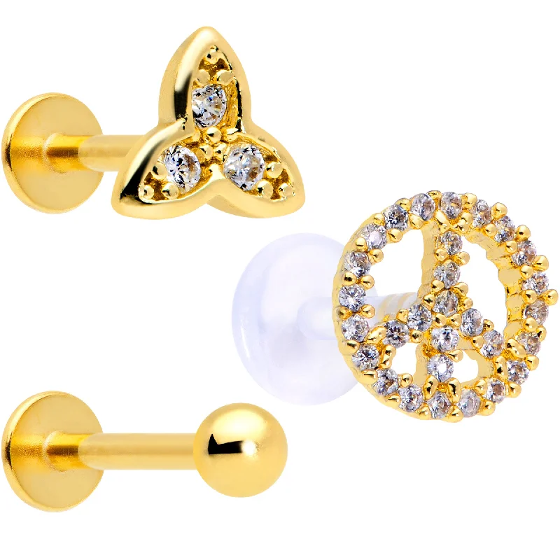 Stunning Lip Rings with Beautiful Stones16 Gauge 5/16 Clear CZ Gem Gold Tone Peace Labret Tragus Set of 3 Stunning Lip Rings with Beautiful Stones16 Gauge 5/16 Clear CZ Gem Gold Tone Peace Labret Tragus Set of 3