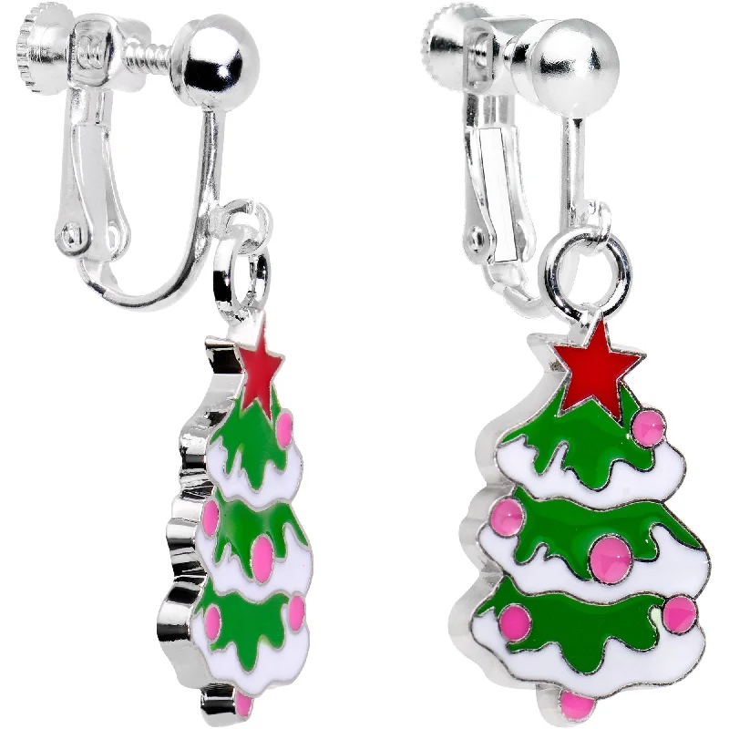 Women's Earrings – Elegant Designs for Every Personality--Silver Plated Snowy Christmas Tree Clip On Earrings Women's Earrings – Elegant Designs for Every Personality--Silver Plated Snowy Christmas Tree Clip On Earrings