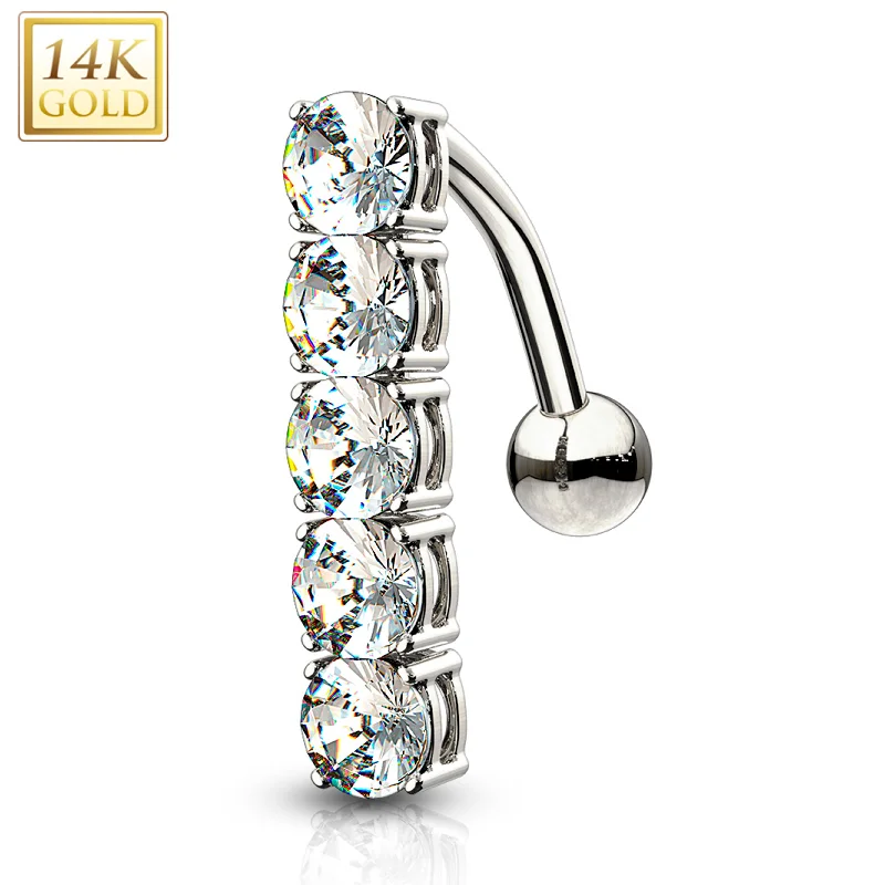 Comfortable Belly Rings for Unique Fashion -14kt Solid White Gold Cubic Zirconia Quintet Top Mount Belly Ring Comfortable Belly Rings for Unique Fashion -14kt Solid White Gold Cubic Zirconia Quintet Top Mount Belly Ring