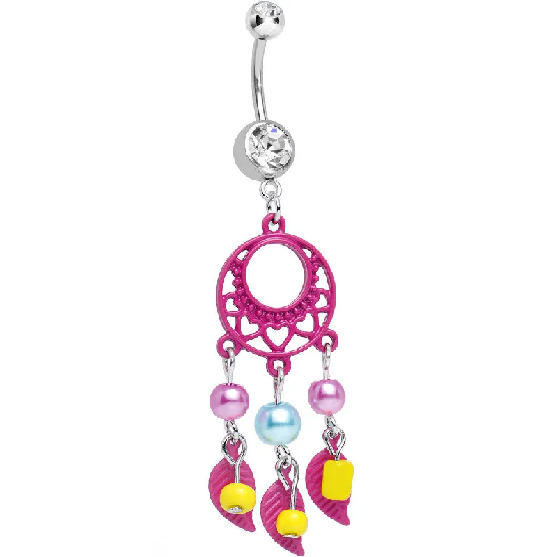 Belly Rings for Trendy Piercing Styles -Clear Double CZ Pearly Feathers Pink Dreamcatcher Dangle Belly Ring Belly Rings for Trendy Piercing Styles -Clear Double CZ Pearly Feathers Pink Dreamcatcher Dangle Belly Ring