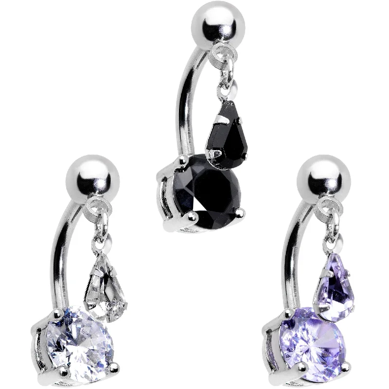 Comfortable Belly Rings for Sensitive Piercings -Clear Black Purple CZ Gem Top Mount Dangle Belly Ring Set of 3 Comfortable Belly Rings for Sensitive Piercings -Clear Black Purple CZ Gem Top Mount Dangle Belly Ring Set of 3