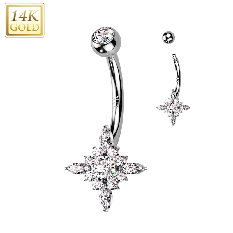 Trendy Belly Rings for Bold and Creative Fashion -14kt Solid White Gold Cubic Zirconia Star Burst Belly Ring Trendy Belly Rings for Bold and Creative Fashion -14kt Solid White Gold Cubic Zirconia Star Burst Belly Ring