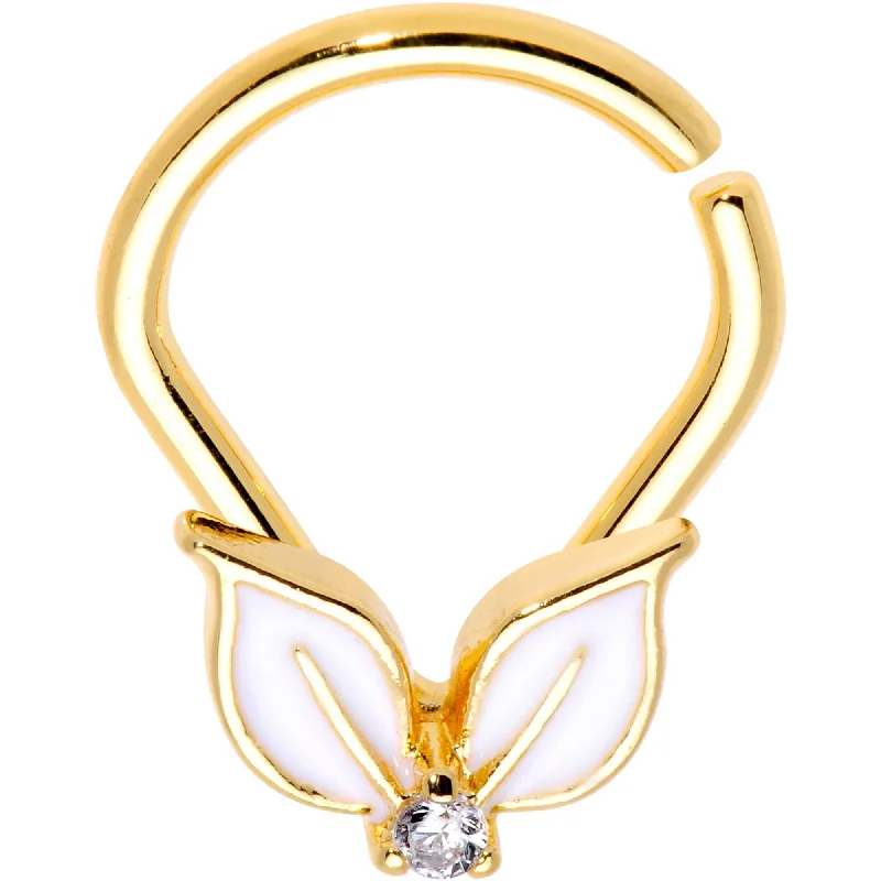 Nose Rings for Glam Looks -16 Gauge 3/8 Clear CZ Gold PVD White Leaves Ellipse Septum Ring Nose Rings for Glam Looks -16 Gauge 3/8 Clear CZ Gold PVD White Leaves Ellipse Septum Ring