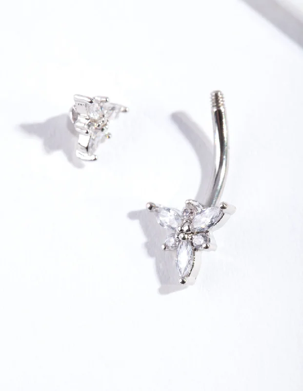 Comfortable Belly Rings with Unique Detailing -Surgical Steel Marquise Flower Belly Bar Comfortable Belly Rings with Unique Detailing -Surgical Steel Marquise Flower Belly Bar