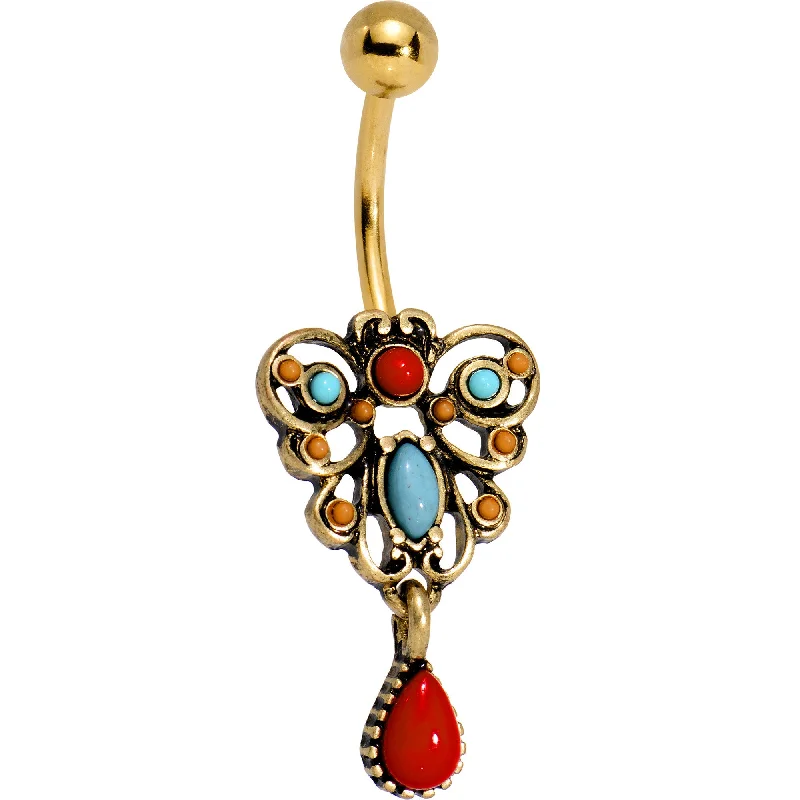 Designer Belly Rings for Unique Shine -Southwestern Blue Red Antique Style Filigree Dangle Belly Ring Designer Belly Rings for Unique Shine -Southwestern Blue Red Antique Style Filigree Dangle Belly Ring
