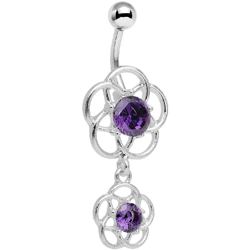 Beautiful Belly Rings with Dazzling Stones -Purple Gem Framework Double Flower Dangle Belly Ring Beautiful Belly Rings with Dazzling Stones -Purple Gem Framework Double Flower Dangle Belly Ring