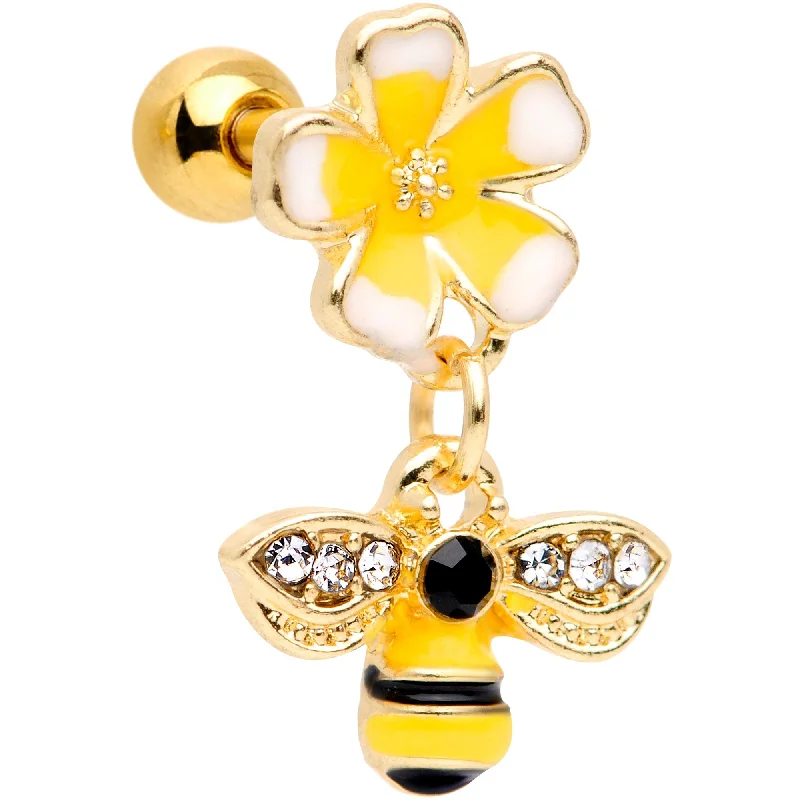 Women's Earrings – Elegant Designs for Every Personality--16 Gauge 1/4 Clear Black Gem Gold Tone Bee Flower Cartilage Earring