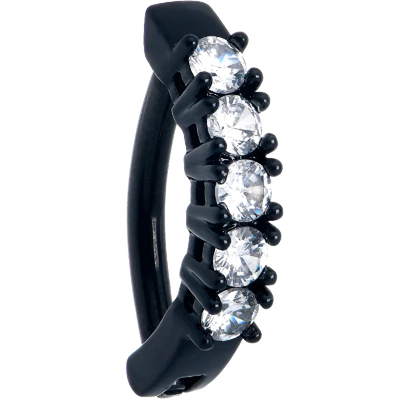 Stylish Belly Rings with Radiant Stones -Clear CZ Gem Black Quintet Forward Facing Hinged Belly Hoop Stylish Belly Rings with Radiant Stones -Clear CZ Gem Black Quintet Forward Facing Hinged Belly Hoop