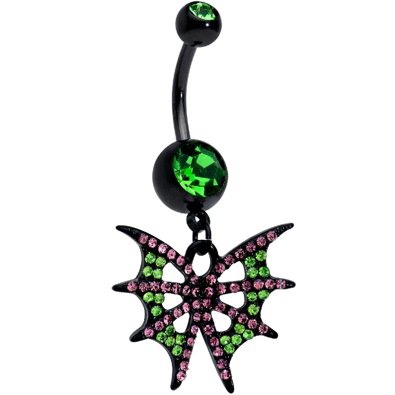 Trendy Belly Rings with Unique Features -Pink Green Gem Black Bat Wings Halloween Dangle Belly Ring Trendy Belly Rings with Unique Features -Pink Green Gem Black Bat Wings Halloween Dangle Belly Ring