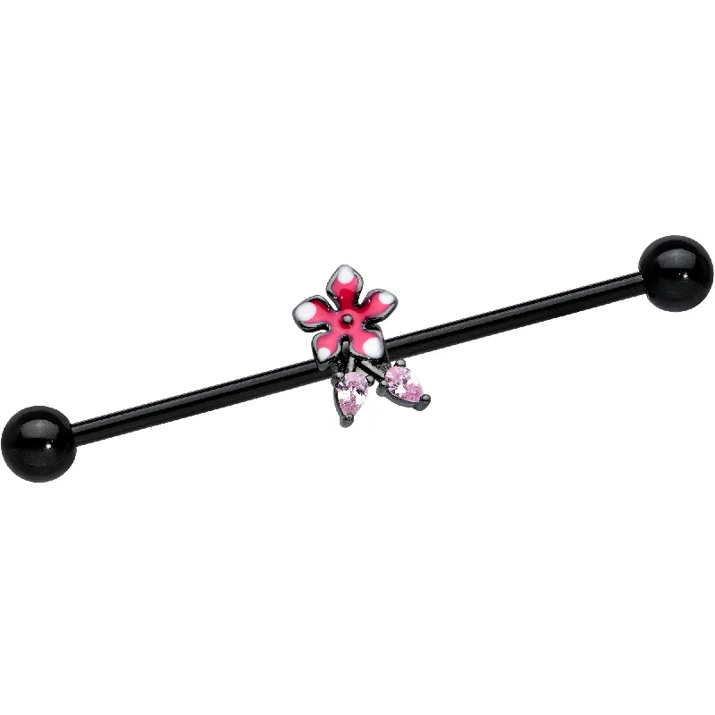 Women's Earrings – Elegant Designs for Every Personality--14 Gauge Pink Gem Black Fanciful Flower Industrial Barbell 38mm