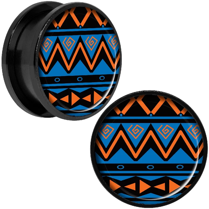 Women's Earrings – Elegant Designs for Every Personality--Blue Orange Tribal Print Black Anodized Screw Fit Plug Set 20mm