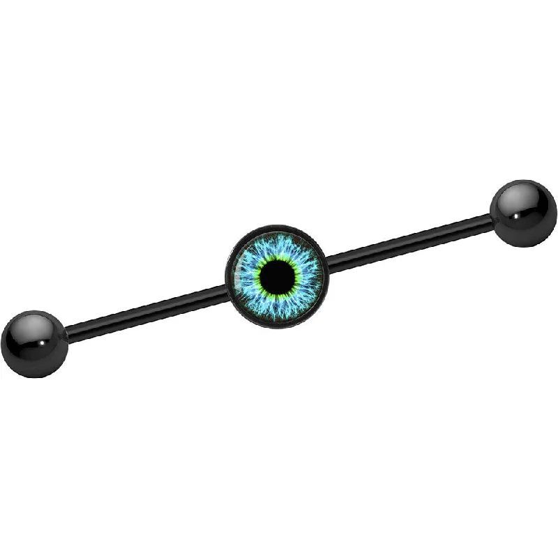 Women's Earrings – Elegant Designs for Every Personality--14 Gauge Black Anodized Aqua Eye Iris Industrial Barbell 37mm