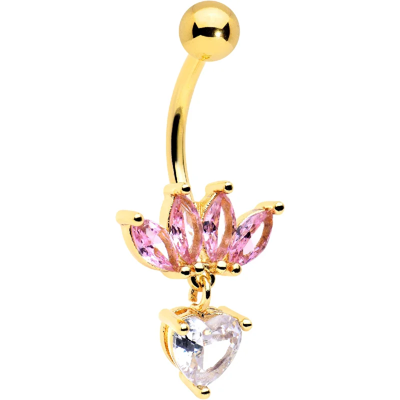 Comfortable Belly Rings with Simple Design -Clear Pink CZ Gem Gold Tone Crown And Heart Dangle Belly Ring Comfortable Belly Rings with Simple Design -Clear Pink CZ Gem Gold Tone Crown And Heart Dangle Belly Ring