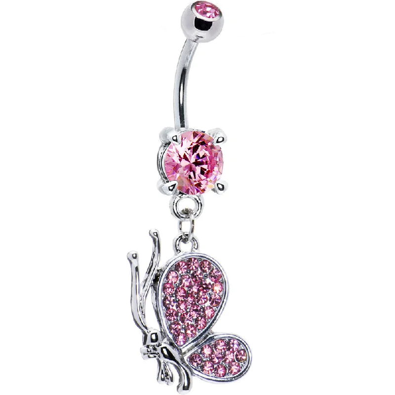 Custom Belly Rings for Unique Style -Pristine Pink Cubic Zirconia Profile Butterfly Belly Ring Custom Belly Rings for Unique Style -Pristine Pink Cubic Zirconia Profile Butterfly Belly Ring