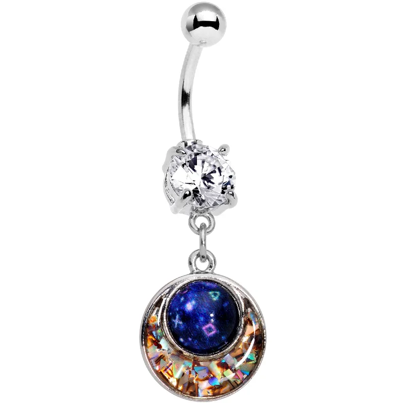 Beautiful Belly Rings for Glamorous Fashion -Clear CZ Gem Mysterious Galaxy Glitter Mosaic Inlay Dangle Belly Ring Beautiful Belly Rings for Glamorous Fashion -Clear CZ Gem Mysterious Galaxy Glitter Mosaic Inlay Dangle Belly Ring