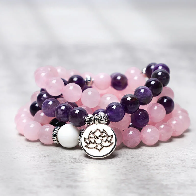 Luxury Leather Bracelets for Men-Buddha Stones Natural Rose Quartz & Amethyst Mala Bead Lotus Pendant Bracelet Luxury Leather Bracelets for Men-Buddha Stones Natural Rose Quartz & Amethyst Mala Bead Lotus Pendant Bracelet