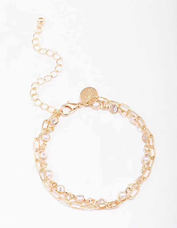 Simple Crystal Bangles for Women-Gold Encased Pearl Link Bracelet