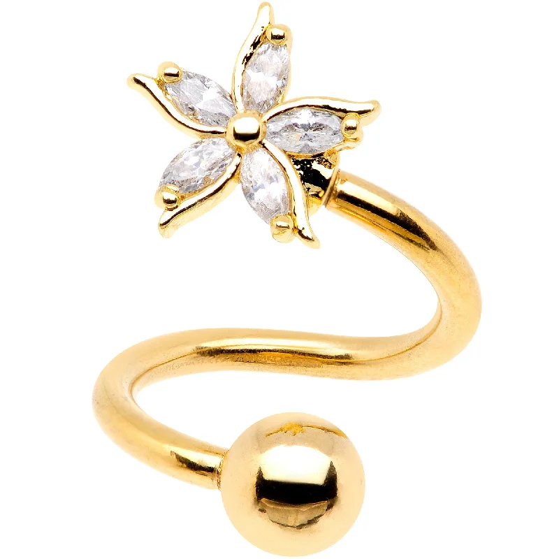 Belly Rings with Shiny Accents for Extra Glam -Clear Gem Gold PVD Jasmine Flower Spiral Twister Top Mount Belly Ring Belly Rings with Shiny Accents for Extra Glam -Clear Gem Gold PVD Jasmine Flower Spiral Twister Top Mount Belly Ring