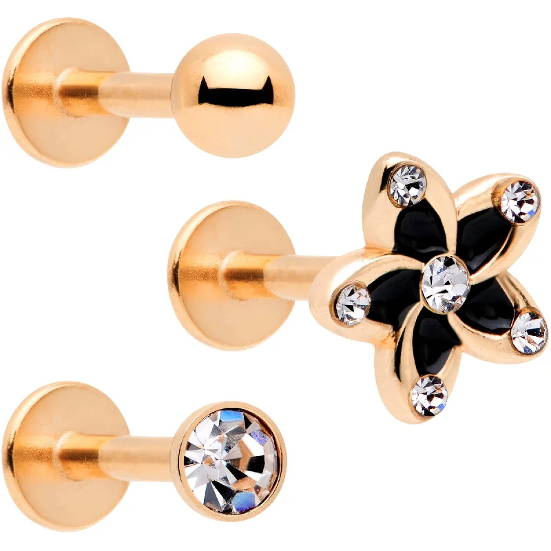 Lip Rings for Fashion Enthusiasts16 Gauge Clear Gem Rose Gold Tone Black Flower Labret Set of 3