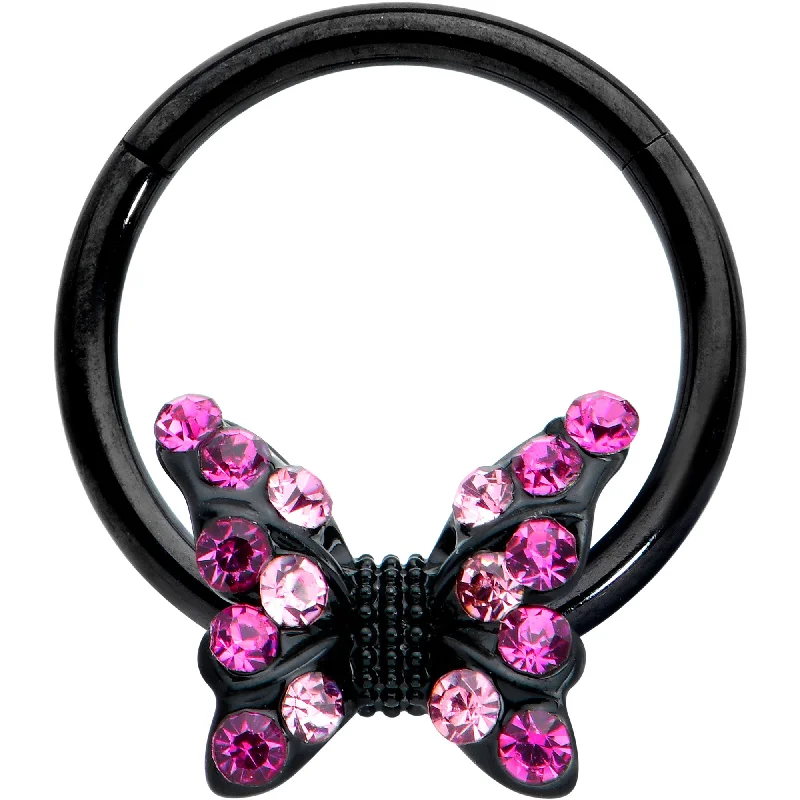 Comfortable Silver Nose Rings -16 Gauge 3/8 Pink Gem Black Midnight Butterfly Hinged Segment Ring Comfortable Silver Nose Rings -16 Gauge 3/8 Pink Gem Black Midnight Butterfly Hinged Segment Ring