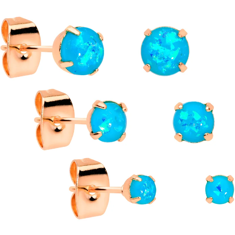 Women's Earrings – Elegant Designs for Every Personality--20 Gauge Blue Faux Opal Rose Gold Tone 3mm 5mm Stud Earrings Set of 3