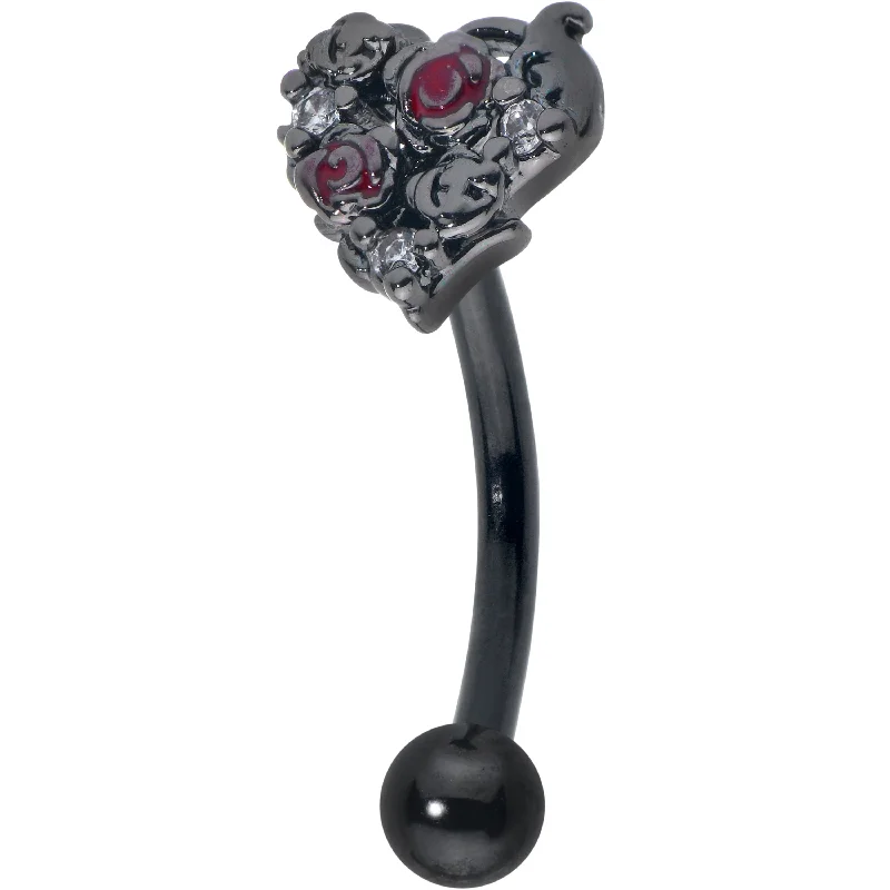 Women's Earrings – Elegant Designs for Every Personality--16 Gauge 5/16 Red Clear Gem Black Floral Heart Curved Eyebrow Ring