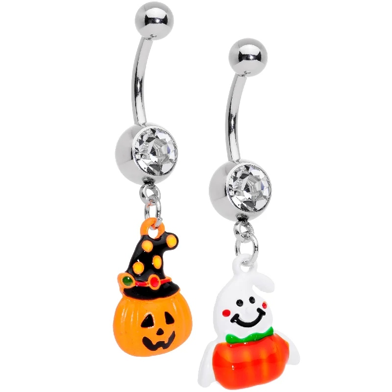 Trendy Belly Rings for Glamorous Looks -Clear Gem Jack O Lantern Ghost Halloween Dangle Belly Ring Set of 2 Trendy Belly Rings for Glamorous Looks -Clear Gem Jack O Lantern Ghost Halloween Dangle Belly Ring Set of 2