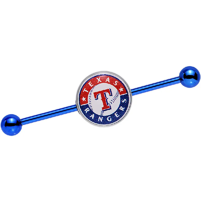 Women's Earrings – Elegant Designs for Every Personality--Licensed MLB Blue Anodized Texas Rangers Industrial Barbell 38mm