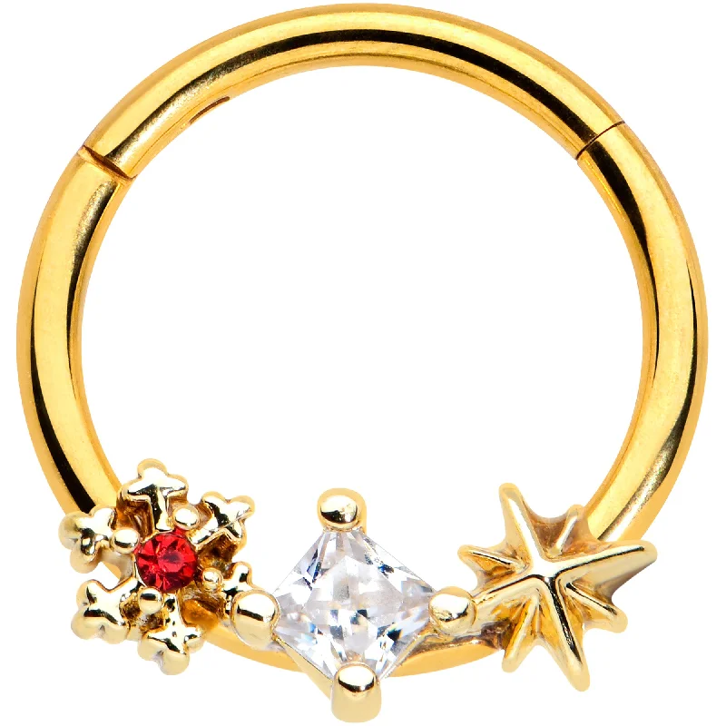 Nose Rings for Special Events -16 Gauge 3/8 Clear Red Gem Gold Hue Star Snowflake Hinged Segment Ring Nose Rings for Special Events -16 Gauge 3/8 Clear Red Gem Gold Hue Star Snowflake Hinged Segment Ring