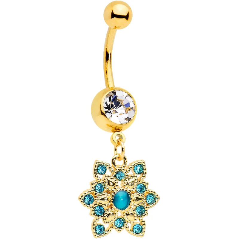 Comfortable Belly Rings with Adjustable Fit -Clear Blue Gem Gold Tone Snowflake Christmas Dangle Belly Ring Comfortable Belly Rings with Adjustable Fit -Clear Blue Gem Gold Tone Snowflake Christmas Dangle Belly Ring