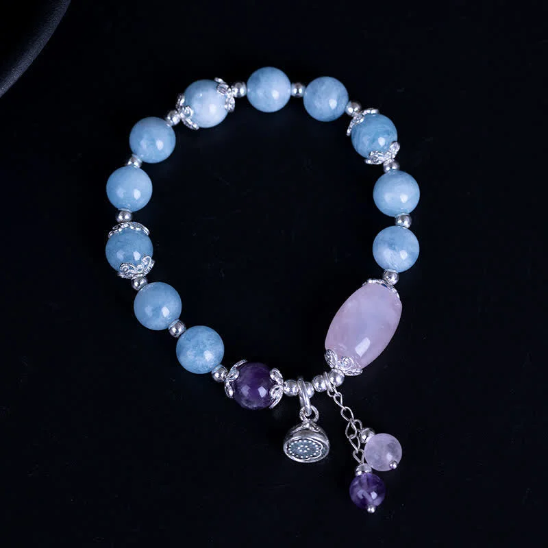 Simple Metal Bangles for Women-Buddha Stones 925 Sterling Silver Natural Aquamarine Amethyst Lotus Healing Charm Bracelet Simple Metal Bangles for Women-Buddha Stones 925 Sterling Silver Natural Aquamarine Amethyst Lotus Healing Charm Bracelet