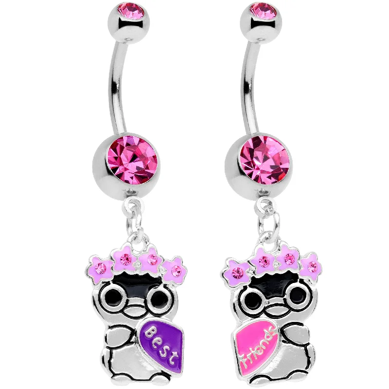 Belly Rings for Casual Fashion -Pink Gem BFF Penguins Dangle Belly Ring Set