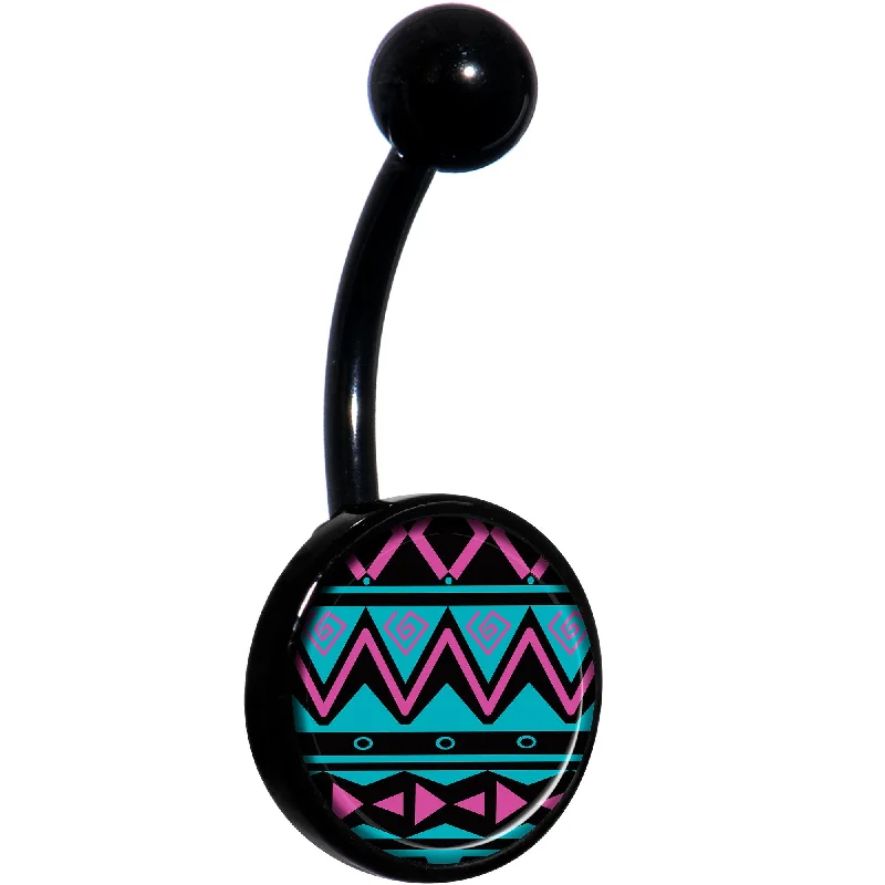 Comfortable Belly Rings for Sensitive Skin -Pink Teal Tribal Pattern Black Belly Ring Comfortable Belly Rings for Sensitive Skin -Pink Teal Tribal Pattern Black Belly Ring