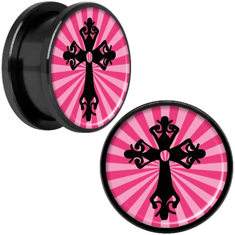 Women's Earrings – Elegant Designs for Every Personality--Pink Black Radiant Cross Black Anodized Screw Fit Plug Set 18mm Women's Earrings – Elegant Designs for Every Personality--Pink Black Radiant Cross Black Anodized Screw Fit Plug Set 18mm