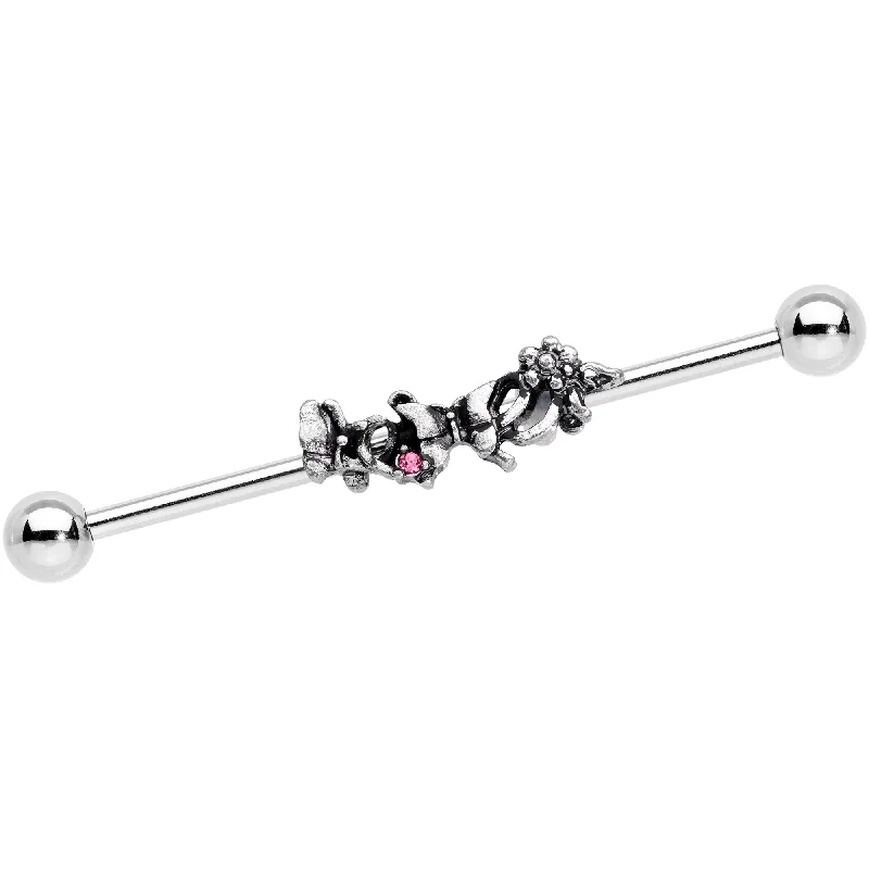 Women's Earrings – Elegant Designs for Every Personality--14 Gauge Pink Gem Butterfly Array Flower Industrial Barbell 38mm