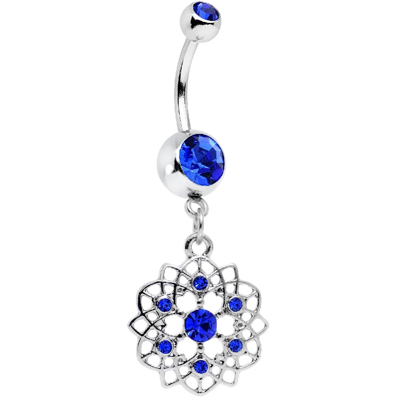 Belly Rings with Multicolored Stones -Royal Blue Gem Twist Flower Dangle Belly Ring