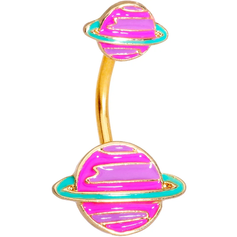 Trendy Belly Rings for Fashion Enthusiasts -Gold Tone Pink Planet Saturn Double Mount Belly Ring Trendy Belly Rings for Fashion Enthusiasts -Gold Tone Pink Planet Saturn Double Mount Belly Ring